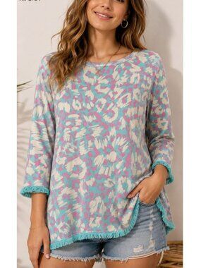 Belle Kim Gravel Women’s XS Fringe Hem Top Artsy Retro Coastal cotton comfy